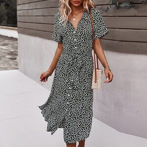 Printed Casual Resort Style Sexy Short Sleeve V-Neck Dress Sz M